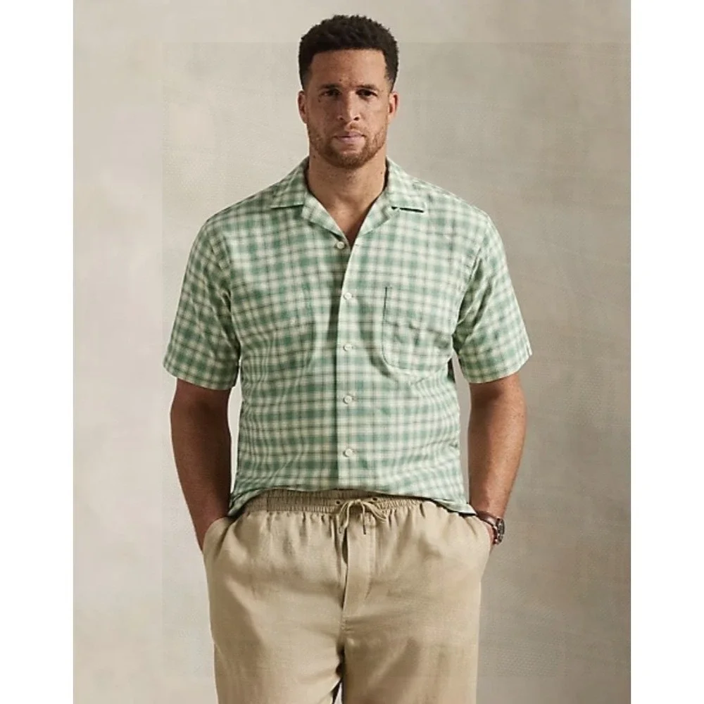 Polo Ralph Lauren Green Tan Short Sleeve Oxford Camp Plaid Shirt Men's Size 4XLT